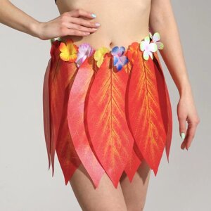 Гавайская юбка "Листики красные и цветочки" 36 см