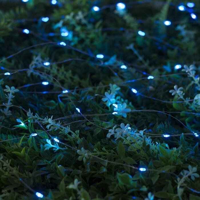 Гирлянда "Нить" 10 м роса, серебристая нить, 100 LED, свечение синее, 2 режима, солнечная батарея от компании Интернет-гипермаркет «MOLL» - фото 1