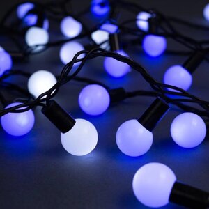 Гирлянда "Нить" 10 м с насадками "Шарики 2.5 см", IP44, тёмная нить, 100 LED, свечение бело-синее,
