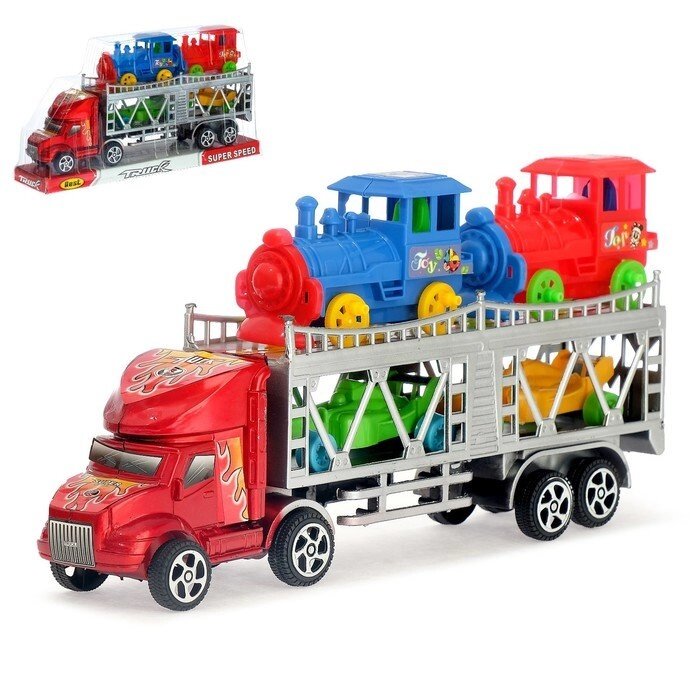 Грузовик инерционный "Автовоз", 2 машинки и 2 паровоза, цвета МИКС от компании Интернет-гипермаркет «MOLL» - фото 1