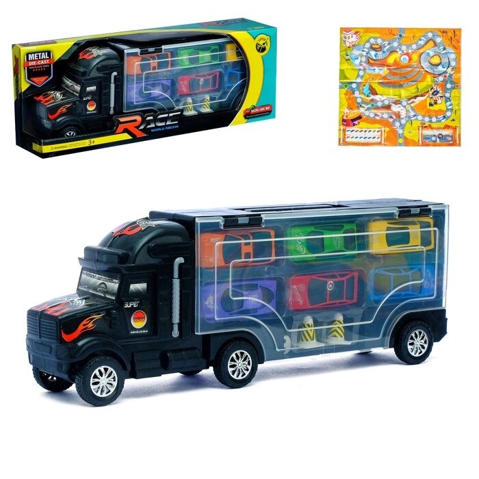 Грузовик "Перевозчик", 6 металлических машин в комплекте + игра от компании Интернет-гипермаркет «MOLL» - фото 1