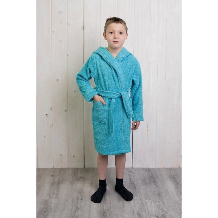 Халат для мальчика с капюшоном, рост 128 см, бирюзовый, махра от компании Интернет-гипермаркет «MOLL» - фото 1