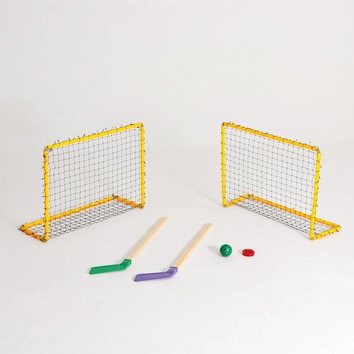Хоккейный набор: 2 клюшки,  2 ворот с сеткой, шайба, мячик, в коробке, микс от компании Интернет-гипермаркет «MOLL» - фото 1