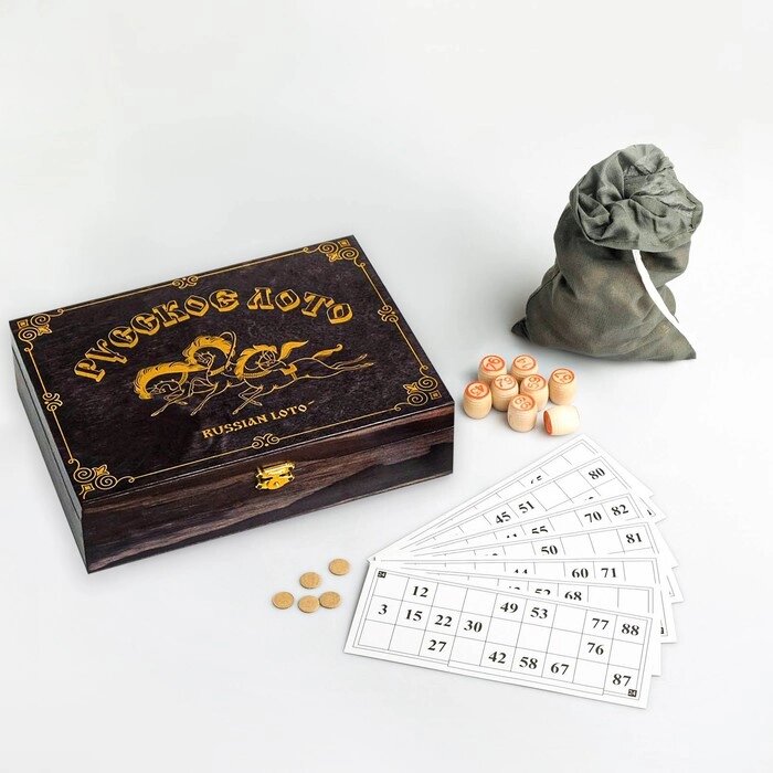 Игра Русское лото в деревянной черной шкатулке, рисунок золото "Тройка" 25х190х6 см от компании Интернет-гипермаркет «MOLL» - фото 1