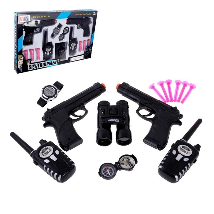 Игровой набор шпиона "Двойной агент": 2 пистолета, 2 рации, часы, компас, бинокль от компании Интернет-гипермаркет «MOLL» - фото 1