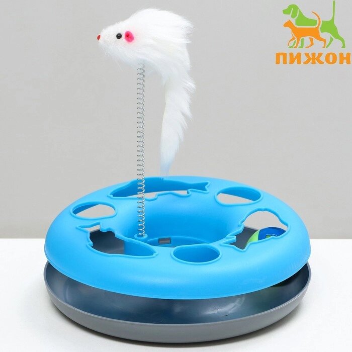 Игрушка для кошек "Загадочный круг - Рыбки", мышь на пружине и шарик, 23 х 7 см, синяя/белая   79161 от компании Интернет-гипермаркет «MOLL» - фото 1