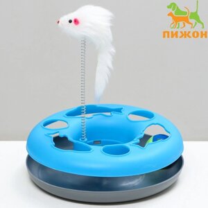 Игрушка для кошек "Загадочный круг - Рыбки", мышь на пружине и шарик, 23 х 7 см, синяя/белая 79161