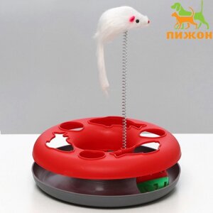 Игрушка для кошек "Загадочный круг - Рыбки", мышь на пружине и шарик, 23х7 см, красная/серая 791613