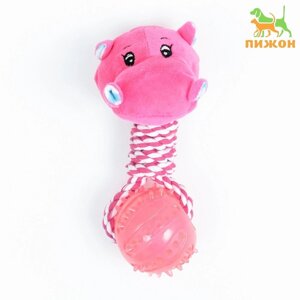 Игрушка для собак 3-в-1 "Бегемот"канатная, мягкая с пищалкой, мяч TPR, 20 см, розовая