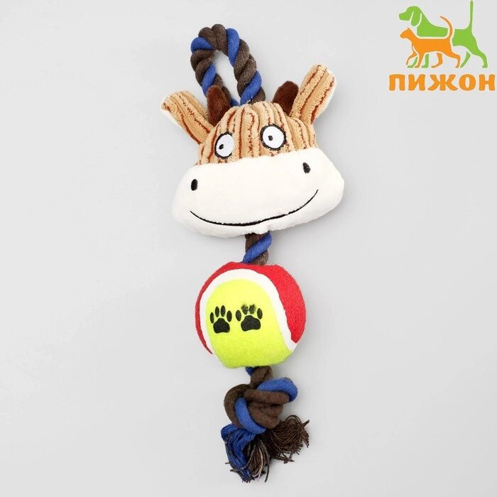Игрушка для собак 3-в-1 "Корова": канатная, мягкая с пищалкой, войлочный мяч, 30 см от компании Интернет-гипермаркет «MOLL» - фото 1