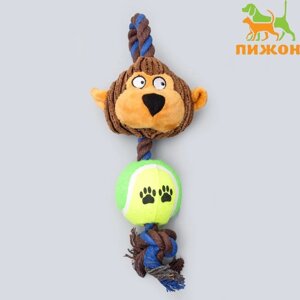 Игрушка для собак 3-в-1 "Обезьяна"канатная, мягкая с пищалкой, войлочный мяч, 30 см