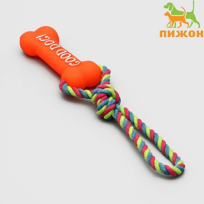 Игрушка резиновая "Кость" (14 см) с ручкой из каната для собак, до 37 см, микс цветов от компании Интернет-гипермаркет «MOLL» - фото 1