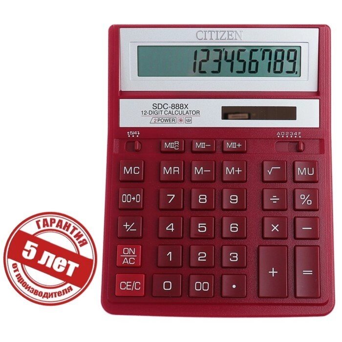 Калькулятор настольный 12-разрядный SDC-888XRD, 158*203*31мм, двойное питание, красный от компании Интернет-гипермаркет «MOLL» - фото 1