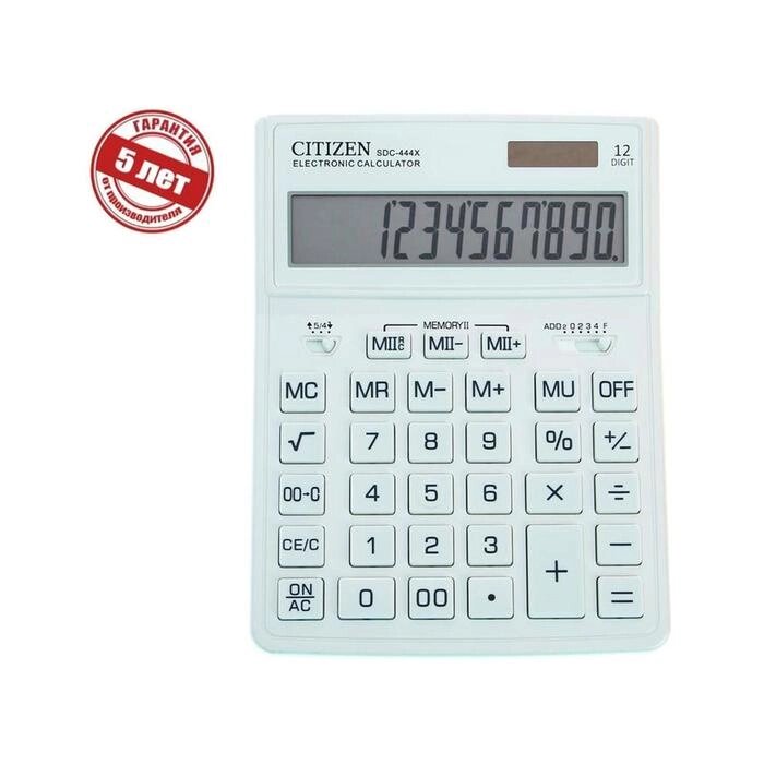 Калькулятор настольный Citizen 12-разр, 155*204*33мм, 2-е питание, белый SDC-444XRWHE от компании Интернет-гипермаркет «MOLL» - фото 1