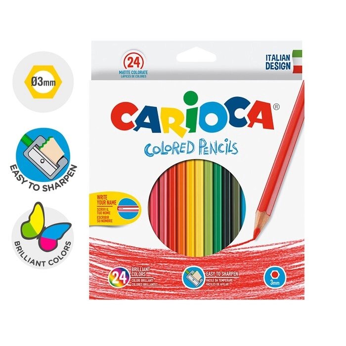 Карандаши 24 цвета Carioca, шестигранные, деревянные, грифель 3 мм, картонная упаковка, точилка в ПОДАРОК от компании Интернет-гипермаркет «MOLL» - фото 1