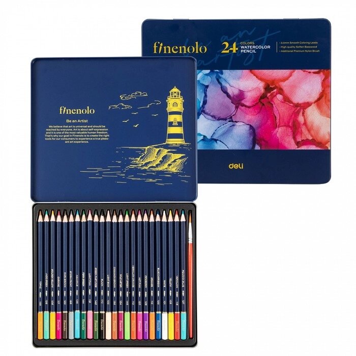 Карандаши акварельные набор 24 цвета, Finenolo, в металлическом пенале от компании Интернет-гипермаркет «MOLL» - фото 1