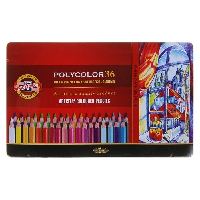 Карандаши художественные 36 цветов, Koh-I-Noor 3825 PolyColor, мягкие, в металлическом пенале от компании Интернет-гипермаркет «MOLL» - фото 1