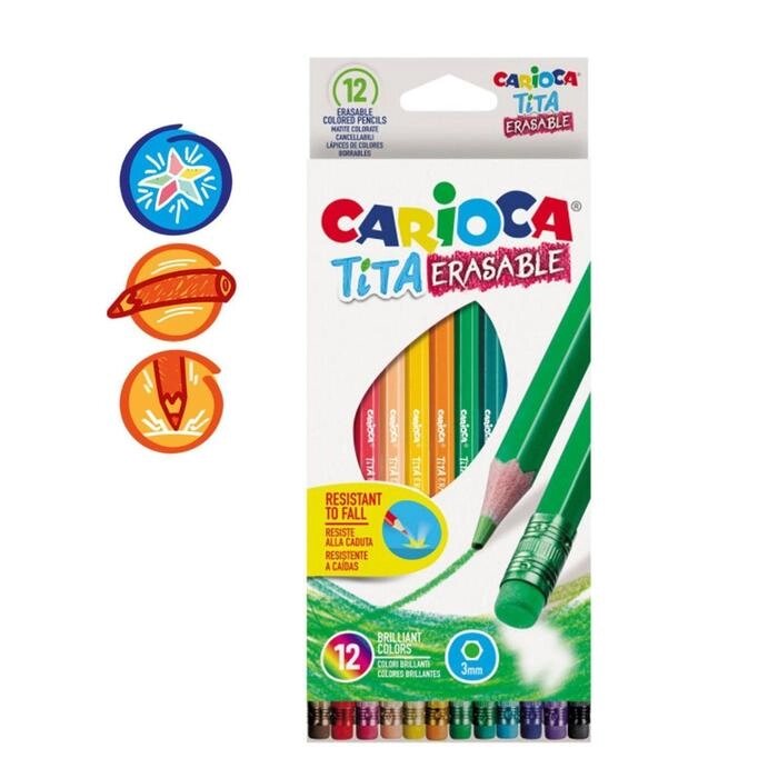Карандаши пластиковые 12 цветов Carioca Tita 3.0 мм с ластик шестигранные, картонная коробка 42897 от компании Интернет-гипермаркет «MOLL» - фото 1