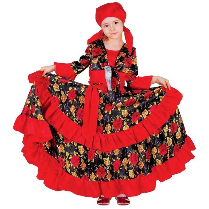 Карнавальный цыганский костюм для девочки, красный с двойной оборкой по юбке, р. 30, рост 116 см от компании Интернет-гипермаркет «MOLL» - фото 1