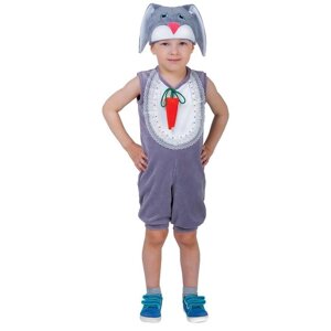 Карнавальный костюм для мальчика "Заяц с грудкой", велюр, комбинезон, шапка, от 1,5-3-х лет