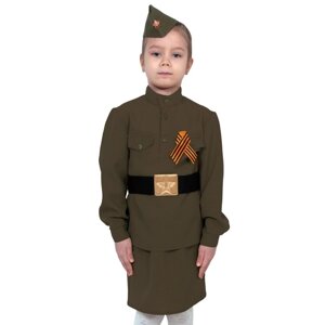 Карнавальный костюм "Солдаточка", гимнастёрка, ремень, юбка, пилотка, бант, рост 92-110 см