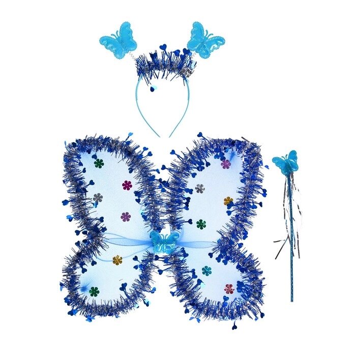 Карнавальный набор "Бабочка", 3 предмета: крылья, ободок, жезл, цвет синий от компании Интернет-гипермаркет «MOLL» - фото 1