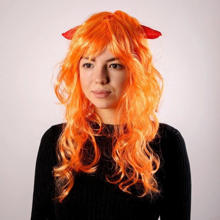Карнавальный парик, с красными рогами, цвет рыжий, 130 г от компании Интернет-гипермаркет «MOLL» - фото 1