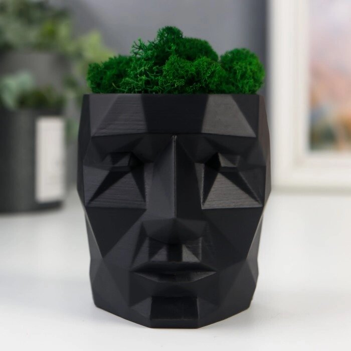 Кашпо бетонное "Голова" со мхом высота 8,5 см черное (мох зеленый стабилизированный) от компании Интернет-гипермаркет «MOLL» - фото 1