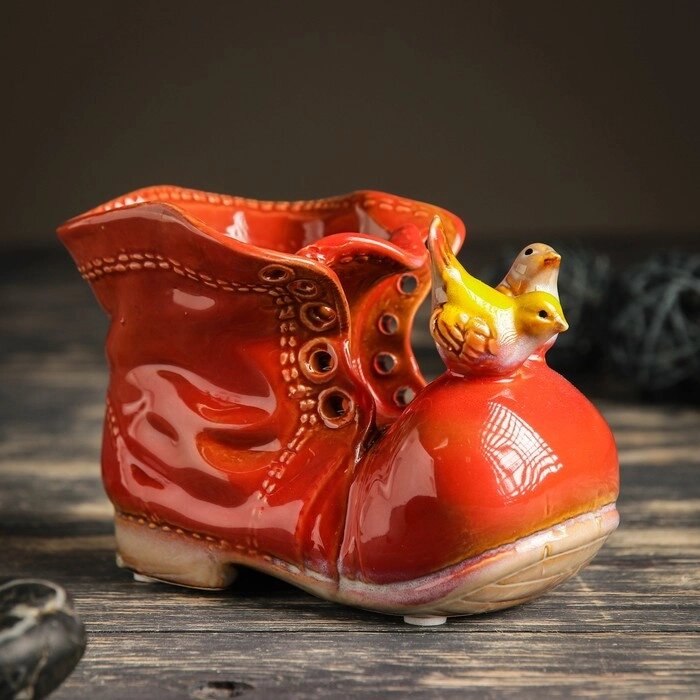 Кашпо керамическое "Ботинок с птичками красный" 8*13*10 см от компании Интернет-гипермаркет «MOLL» - фото 1