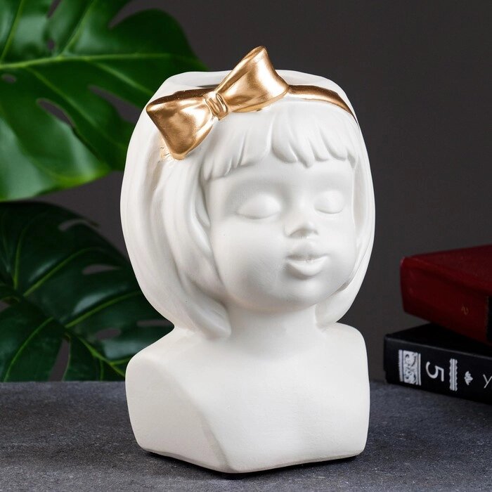 Кашпо керамическое "Девочка с золотым бантом", белое 19*9см от компании Интернет-гипермаркет «MOLL» - фото 1