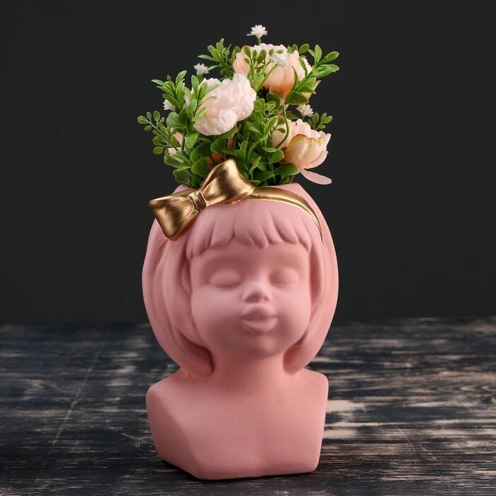 Кашпо керамическое "Девочка с золотым бантом", розовое 19*9см от компании Интернет-гипермаркет «MOLL» - фото 1