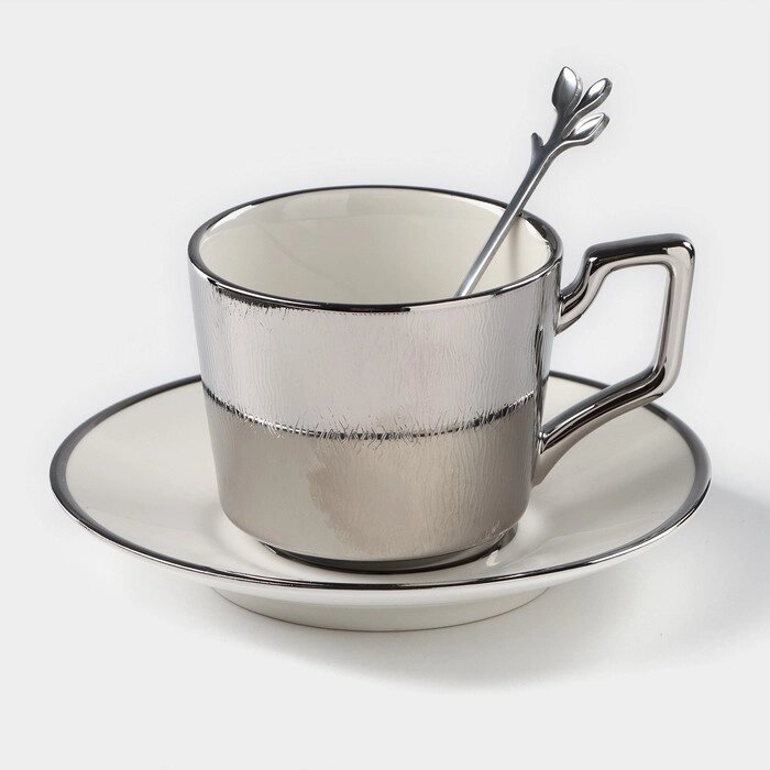 Кофейная пара керамическая "Серебро", 3 предмета: чашка 200 мл, блюдце d=14 см, ложка h=12,5 см, цвет от компании Интернет-гипермаркет «MOLL» - фото 1