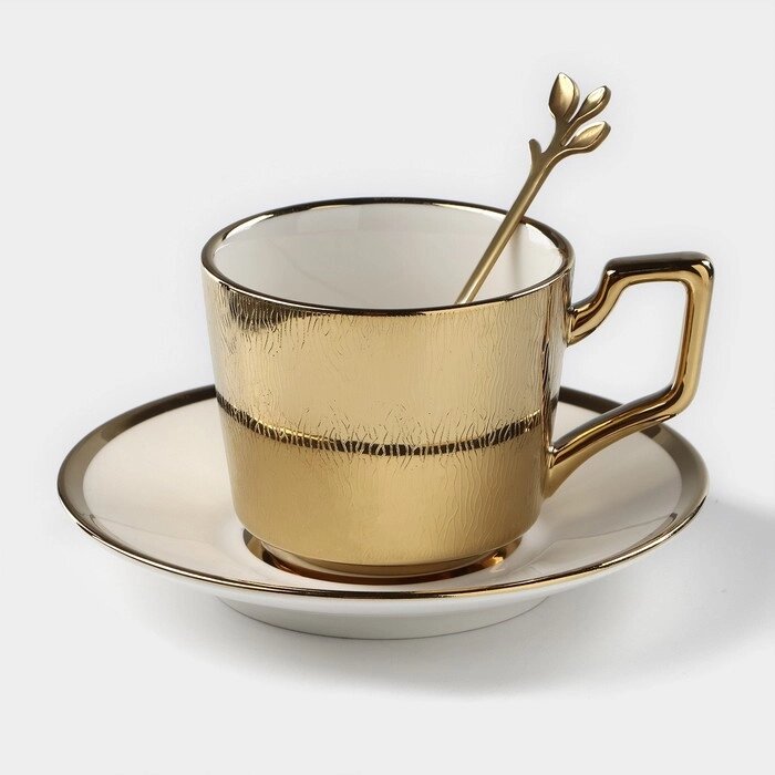 Кофейная пара керамическая "Золото", 3 предмета: чашка 200 мл, блюдце d=14 см, ложка h=12,5 см, цвет золотой от компании Интернет-гипермаркет «MOLL» - фото 1