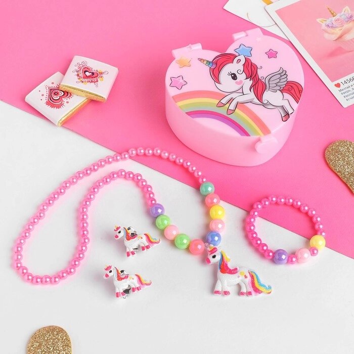 Комплект детский 3 предмета: клипсы, бусы, браслет "Шкатулка" с зеркалом, цветной от компании Интернет-гипермаркет «MOLL» - фото 1