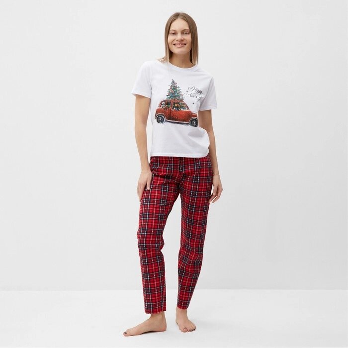 Комплект (футболка, брюки) домашний женский, цвет белый/красная клетка, р-р 44 от компании Интернет-гипермаркет «MOLL» - фото 1