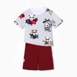 Комплект (футболка/шорты) для девочек, цвет бордо/панды, рост 68 см