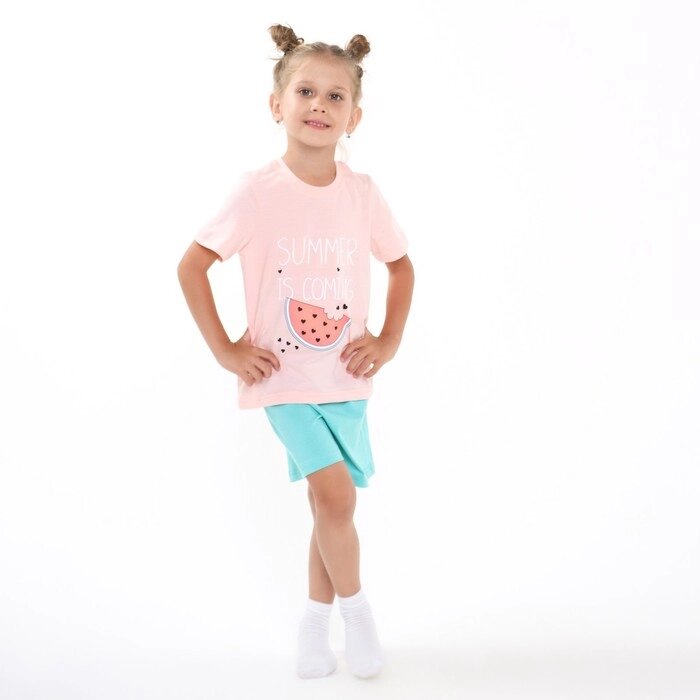 Комплект (футболка, шорты) для девочки, цвет персик/бирюзовый, рост 128-134 см (8 лет) от компании Интернет-гипермаркет «MOLL» - фото 1