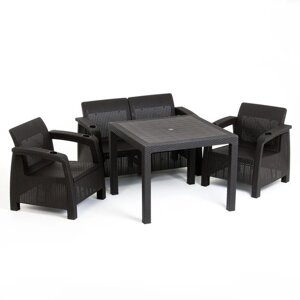 Комплект мебели: диван, 2 кресла, стол квадратный, коричнего цвета