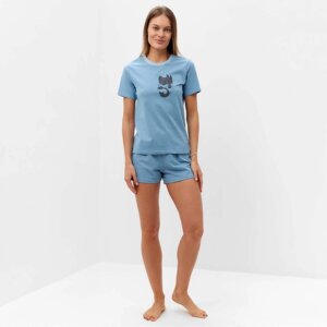 Комплект женский домашний (футболка, шорты), цвет голубой, размер 46