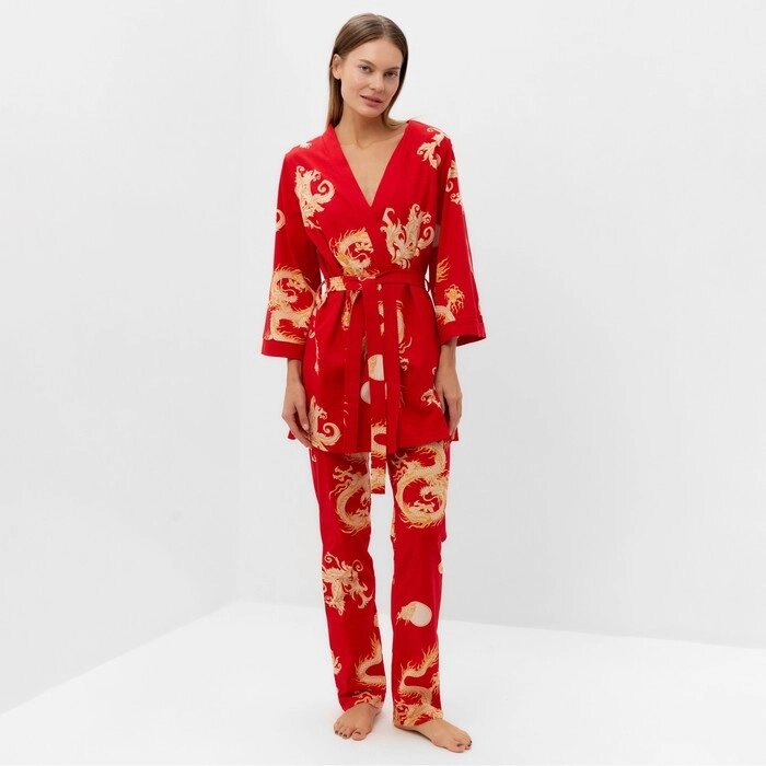 Комплект женский (халат/топ/брюки), цвет красный, размер 44 от компании Интернет-гипермаркет «MOLL» - фото 1