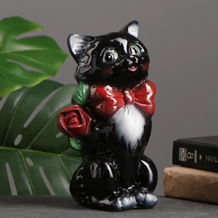 Копилка "Котик малый с розой" чёрный 20см от компании Интернет-гипермаркет «MOLL» - фото 1