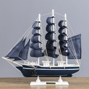 Корабль сувенирный средний "Калева", борта синие с голубой полосой, паруса синие, 30х7х32 см