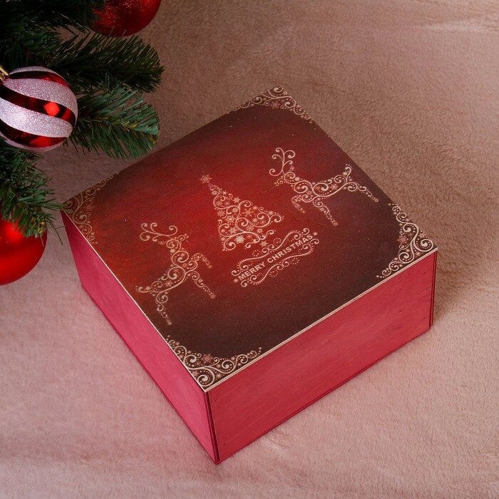 Коробка подарочная "Merry Christmas, c оленями", бордовая, 202010 см от компании Интернет-гипермаркет «MOLL» - фото 1