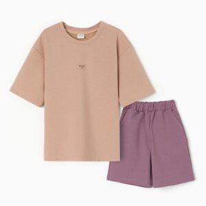Костюм для девочки (футболка, шорты) MINAKU цвет бежевый/ пыльно-сиреневый, рост 140 см