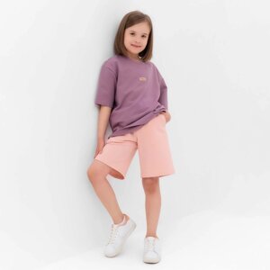 Костюм для девочки (футболка, шорты) MINAKU цвет пыльно-сиреневый/ бежевый, рост 116 см