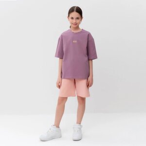 Костюм для девочки (футболка, шорты) MINAKU цвет пыльно-сиреневый/ бежевый, рост 158 см