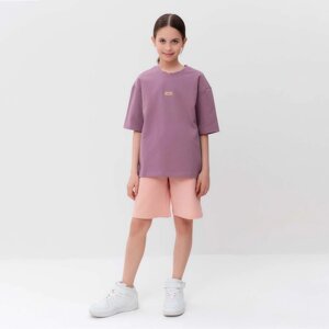 Костюм для девочки (футболка, шорты) MINAKU цвет пыльно-сиреневый/ бежевый, рост 98 см