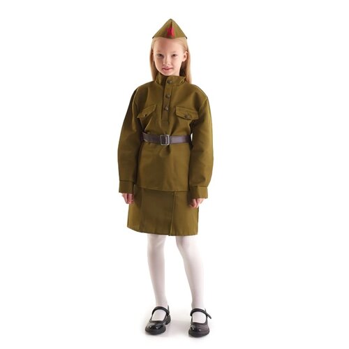 Костюм военного "Солдаточка", гимнастёрка, ремень, пилотка, юбка на резинке, 8-10 лет, рост 140-152 см