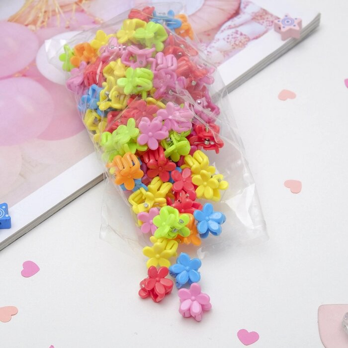 Крабики для волос "Мини" (набор 100 шт.) разноцветные цветочки от компании Интернет-гипермаркет «MOLL» - фото 1