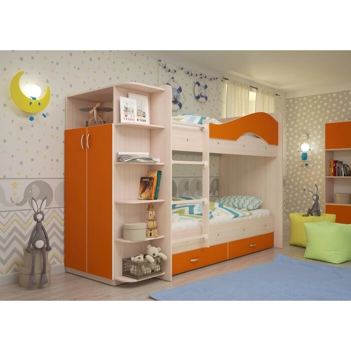 Кровать 2-х ярусная 800х1900 с ящиками и шкафом, млечный  дуб/оранж от компании Интернет-гипермаркет «MOLL» - фото 1